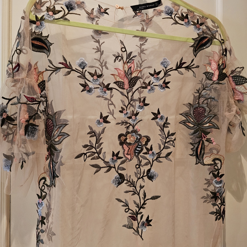 Zara Cream and Brown Embellished Short Sleeve Blouse